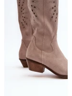 Zazoo 2909 Zamszowe Kozaki Ażurowe Na Niskim Obcasie Beżowe