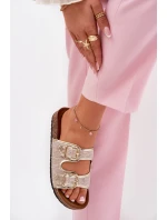 Materiałowe Klapki Damskie Na Korkowej Platformie Z Klamrami Złote Osoffe