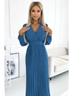 504-5 VIVIANA Plisované midi šaty s výstrihom, dlhými rukávmi a širokým opaskom - JEANS 504-5 VIVIANA Plisované midi šaty s výstrihom, dlhými rukávmi a širokým opaskom - JEANS