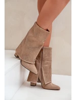 Zdobione Błyszczące Botki Z Wywiniętą Cholewką Na Słupku Ocieplane Beżowe Xistaria