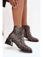 Skórzane Botki Damskie Na Klocku Ocieplane Panterka D&A CR52-622 Czarno-Złote