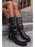 Kozaki Damskie Z Wywiniętą Cholewką Do Połowy Łydki Z Paskiem Czarne Darisa