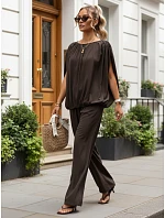 Dámska viskózová súprava so širokými nohavicami, hnedá, FashionStreet AY1201 Dámska viskózová súprava so širokými nohavicami, hnedá, FashionStreet AY1201