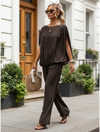 Dámska viskózová súprava so širokými nohavicami, hnedá, FashionStreet AY1201 Dámska viskózová súprava so širokými nohavicami, hnedá, FashionStreet AY1201