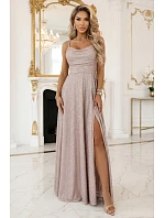 589-4 Dlhé šaty s jemnými trblietkami a korzetovým viazaním vzadu - béžovo-ružové s trblietkami