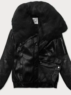 Kožená bunda s veľkým kožušinovým golierom Glakate black (LU98090#)