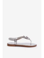 Płaskie Sandały Damskie Z Ozdobnym Kwiatkiem Srebrne Edoni Płaskie Sandały Damskie Z Ozdobnym Kwiatkiem Srebrne Edoni