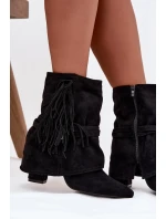Botki Damskie Na Słupku Z Frędzlami I Złotymi Klamrami Czarne Evelisse
