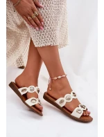 Klapki Damskie Ze Złotymi Przypinkami Białe Jenoriela