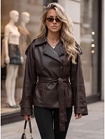 Dámska dvojradová bunda z ekokože s opaskom, hnedá, FashionStreet TY5912 Dámska dvojradová bunda z ekokože s opaskom, hnedá, FashionStreet TY5912