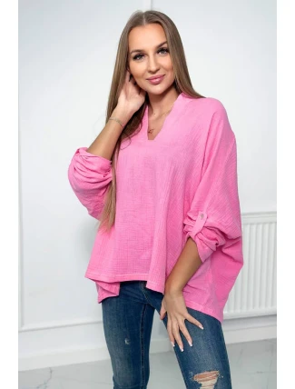 Mušelínová blúzka s vyhrnutými rukávmi tmavo ružová Mušelínová blúzka s vyhrnutými rukávmi tmavo ružová