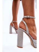 Damskie Sandały Brokatowe Na Słupku Srebrne Rosel