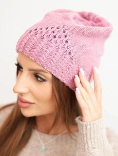 Dámska zimná pletená čiapka s ozdobným vzorom a kamienkami K449 purple light