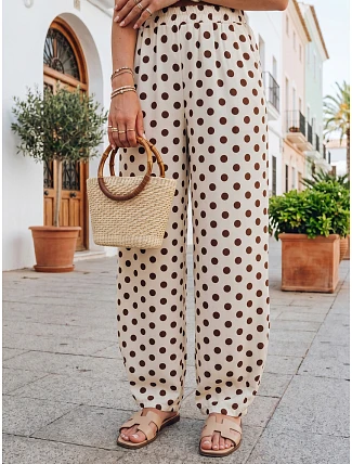Dámske široké lyocellové nohavice béžové s hráškom FashionStreet UY3069 Dámske široké lyocellové nohavice béžové s hráškom FashionStreet UY3069