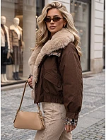 Krátka dámska bunda s odnímateľnou kožušinou, hnedá, FashionStreet TY5839 Krátka dámska bunda s odnímateľnou kožušinou, hnedá, FashionStreet TY5839