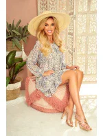 Hannah - Dámske šifónové šaty s výstrihom na chrbte as béžovo-svetlo modrým vzorom typu "Boho" 319-2