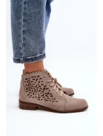 Zazoo 2871 Ażurowe Botki Damskie Sznurowane Beżowe