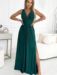 490-3 SUSAN Dlhé brokátové šaty s výstrihom a prešívaním v páse - BOTTLE GREEN