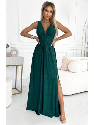 490-3 SUSAN Dlhé brokátové šaty s výstrihom a prešívaním v páse - BOTTLE GREEN