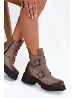 Dámske kožené zateplené členkové topánky s prackami a ozdobnými detailmi Zazoo 60482 dark beige