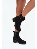 Ocieplane Botki Damskie Na Niskim Obcasie Klocku Z Klamrą Czarne  Helvina