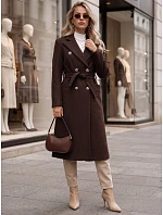 Dlhý dámsky dvojradový kabát s opaskom v čokoládovej farbe FashionStreet NY0816 Dlhý dámsky dvojradový kabát s opaskom v čokoládovej farbe FashionStreet NY0816