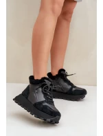 Skórzane Sneakersy Trapery Damskie Z Futerkiem Na Platformie Big Star OO274A329 Czarne