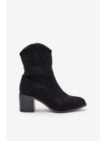 Ażurowe Botki Kowbojki Damskie Na Obcasie S.Barski HY51-125 Czarne