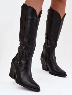 Kozaki Kowbojki Na Słupku Eko Skórzane Ocieplane Czarne Zareen