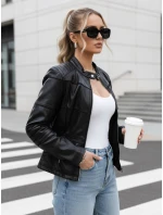 Dámska kožená bunda so stojatým golierom čierna FashionStreet TY5455