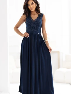 215-6 LEA dlhé elegantné maxi šaty s čipkovaným vrchom a rozparkom na nohách - tmavomodré
