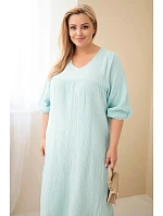 Dámske Plus veľkosť bavlnený mušelín V-neck Mint šaty