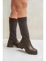 Kozaki Z Elastyczną Cholewką Na Płaskim Obcasie Ciemnozielone Mesidra