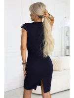 608-2 Zmyselné ceruzkové šaty s krátkymi rukávmi a ozdobným výstrihom - tmavomodré
