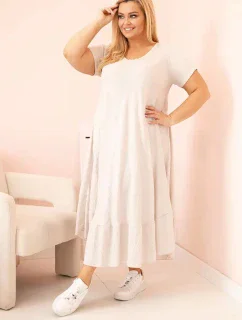 Dámske plus size šaty s krátkymi rukávmi a volánom z béžovej viskózy