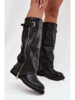 Kozaki Damskie Z Wywiniętą Cholewką Klamrą I Srebrnym Zamkiem Ocieplane Czarne Bressa