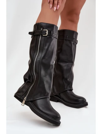 Kozaki Damskie Z Wywiniętą Cholewką Klamrą I Srebrnym Zamkiem Ocieplane Czarne Bressa