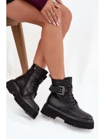 Skórzane Botki Workery Damskie Ocieplane Z Ozdobną Klamrą D&A MK52-032 Czarne