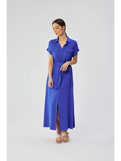 Dámske viskózové maxi košeľové šaty S364, modré – Stylove