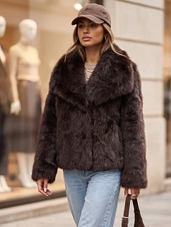 Krátky dámsky kožuch so širokým golierom, hnedý, FashionStreet TY5906