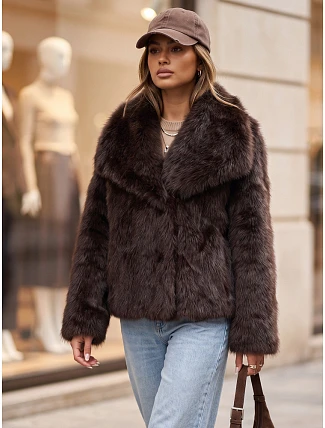 Krátky dámsky kožuch so širokým golierom, hnedý, FashionStreet TY5906
