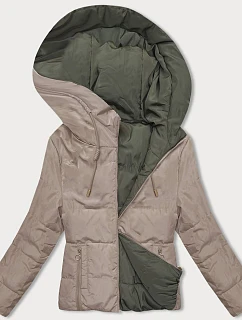 Obojstranná krátka bunda s kapucňou cappuccino-khaki (B8181-12011)