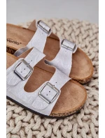 Materiałowe Klapki Na Korkowej Podeszwie Z Klamrami Jasnoszare Atera