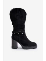 Kozaki Damskie Do Połowy Łydki Na Słupku Ocieplane Czarne Ivanelis