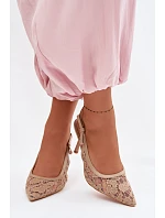 Dámské sandály na podpatku s krajkou tmavě béžové Pelivelle