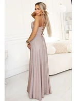 589-4 Dlhé šaty s jemnými trblietkami a korzetovým viazaním vzadu - béžovo-ružové s trblietkami