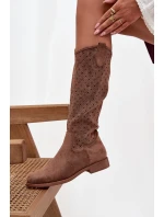 Kozaki Damskie Na Płaskim Obcasie Z Ażurowym Wzorem S.Barski HY52-531 Brązowe