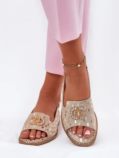 Skórzane Sandały Z Ozdobą Na Płaskim Obcasie S.Barski KV51-096 Złote