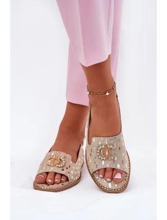 Skórzane Sandały Z Ozdobą Na Płaskim Obcasie S.Barski KV51-096 Złote