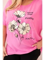 Dámska blúzka v nadmernej veľkosti z viskózy s kvetinovou potlačou a nápisom pink